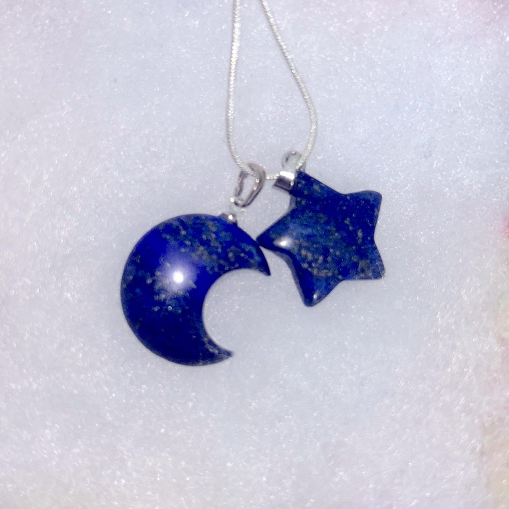 Boho hippie Blue Lapis Lazuli Moon 🌙 and Star ⭐️ Sterling Silver Necklace